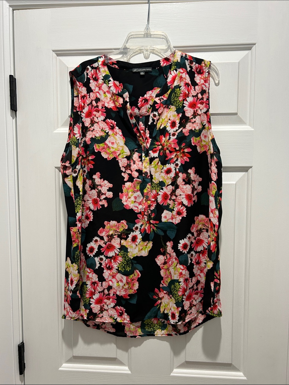 Adrianna Papell Black Sleeveless Floral Camisole with Pink and Yellow Blooms